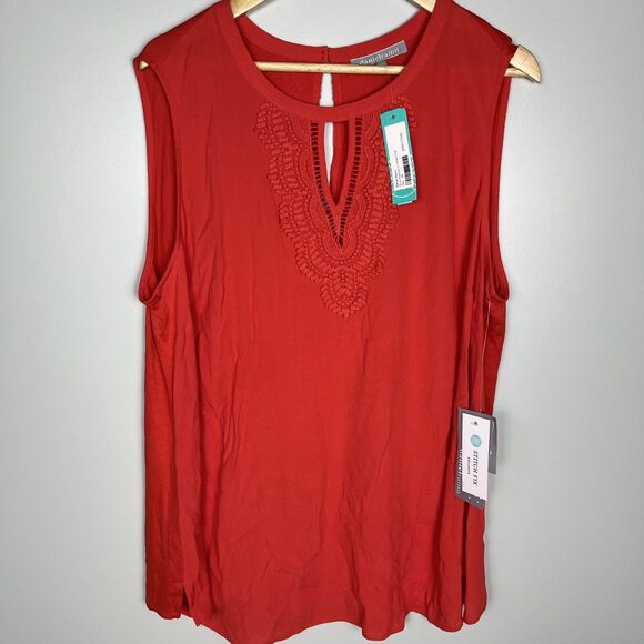 NWT DANIEL RAINN‎ Women’s Red CROCHET Plus Size 2X Top Keyhole Tank - Picture 1 of 8